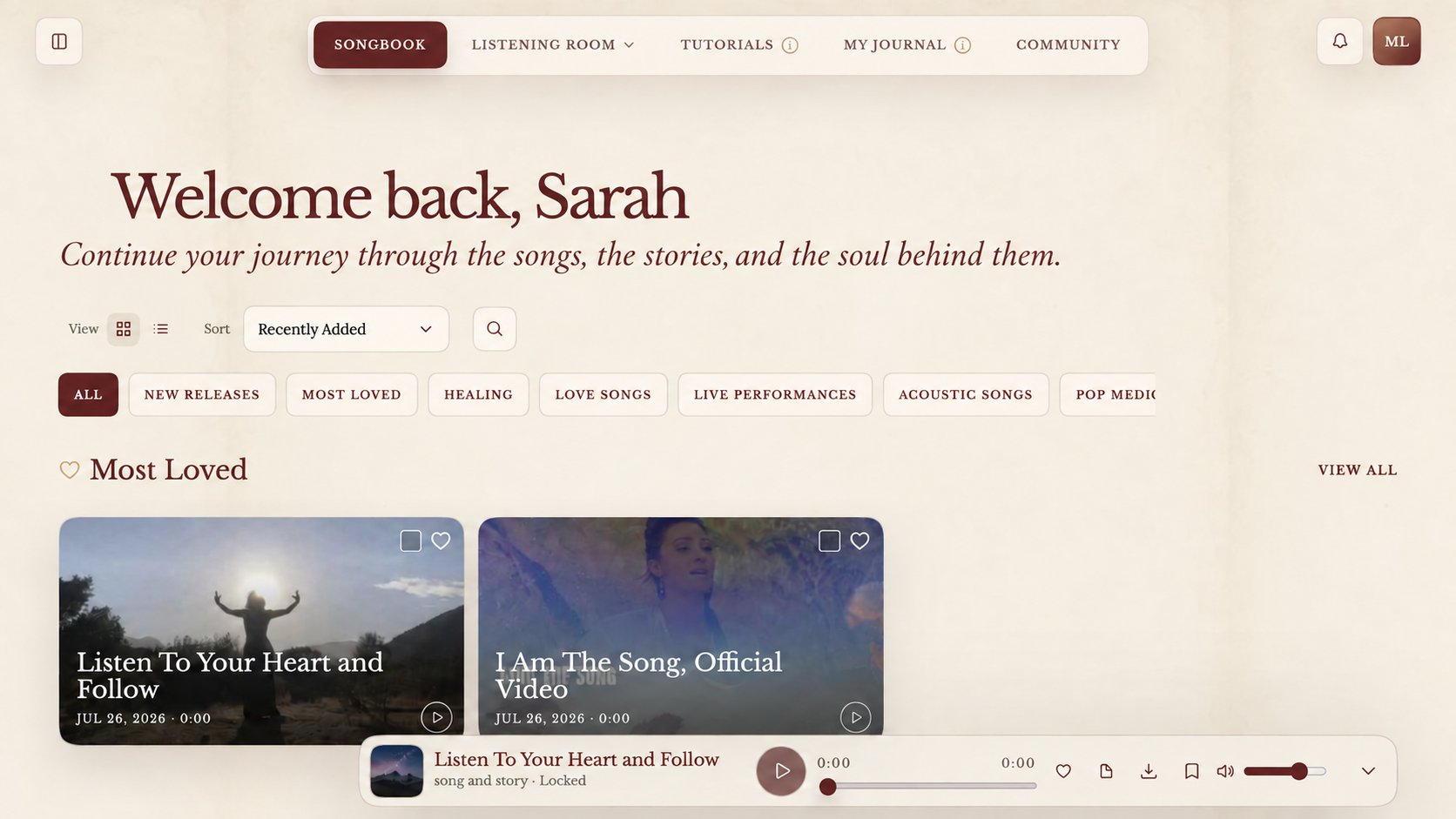 Preview of the member homepage, with song shelves and navigation for the Songbook, Listening Room, and community.