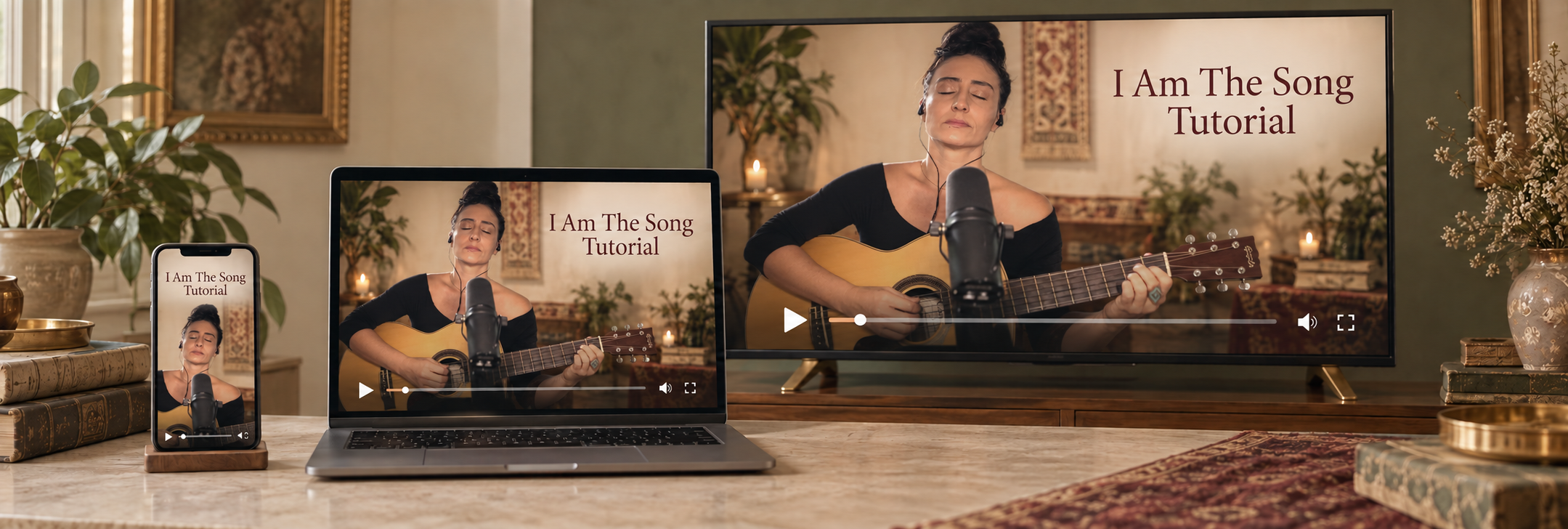 Phone, laptop, and TV showing Larisa in I Am The Song Tutorial